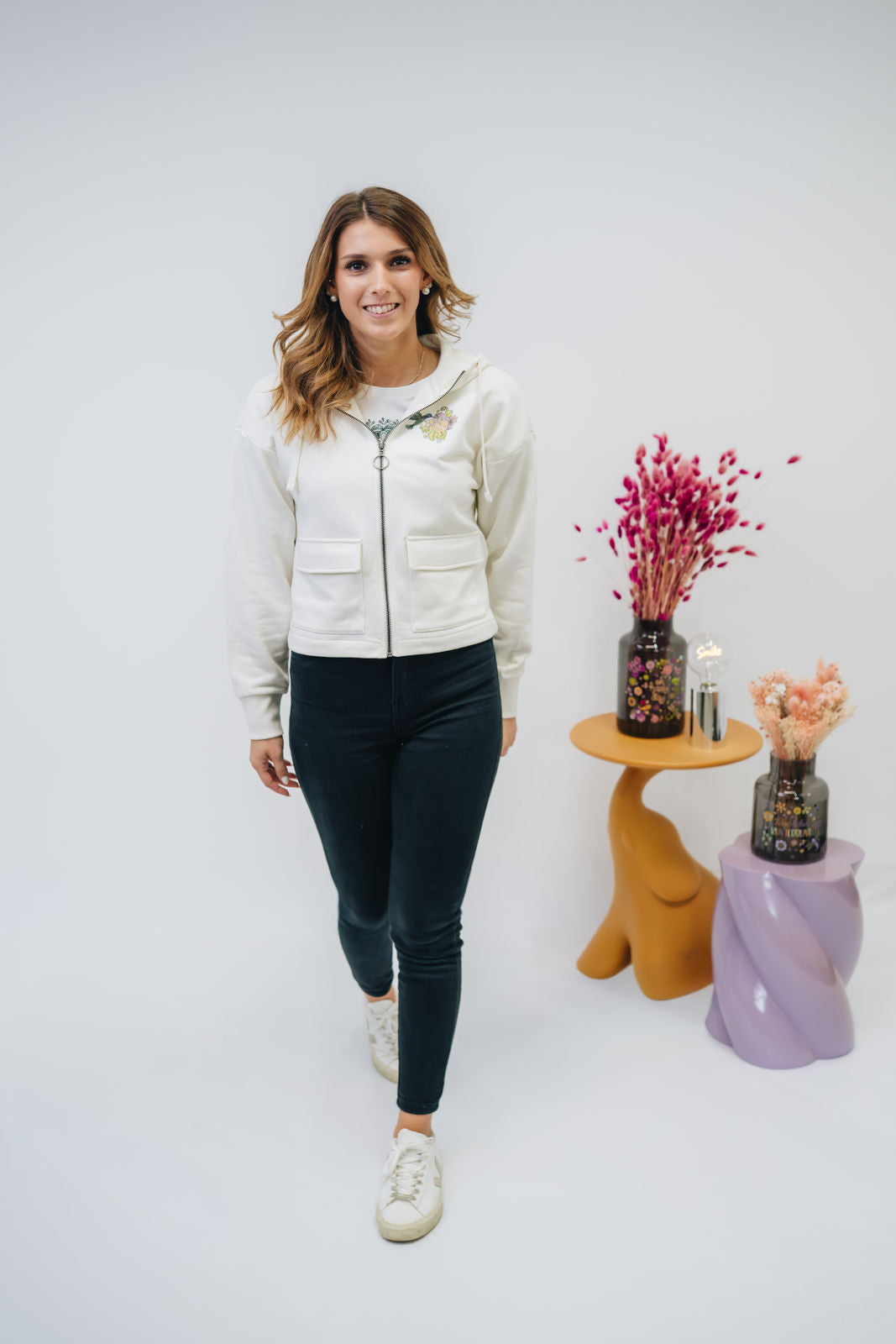 Damen Zipper-Hoodie ivory „Kolibri"