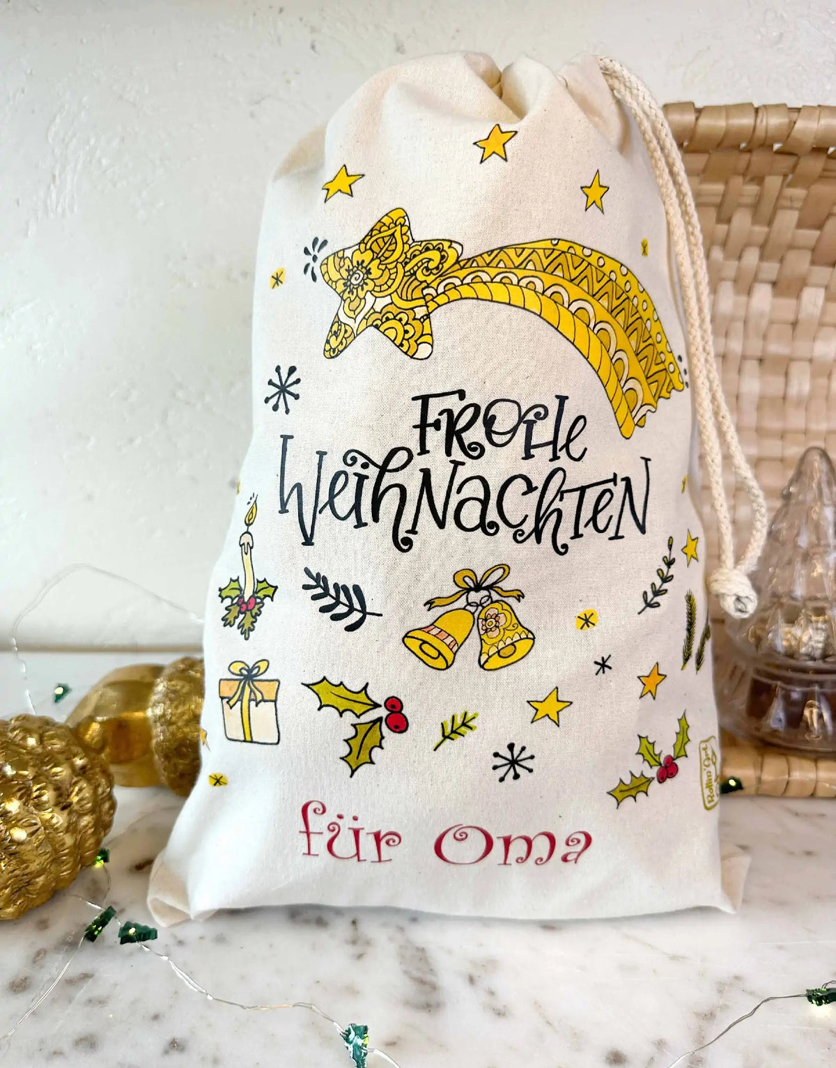 Geschenkbeutel mit Zugband "Frohe Weihnachten" mit Wunschname
