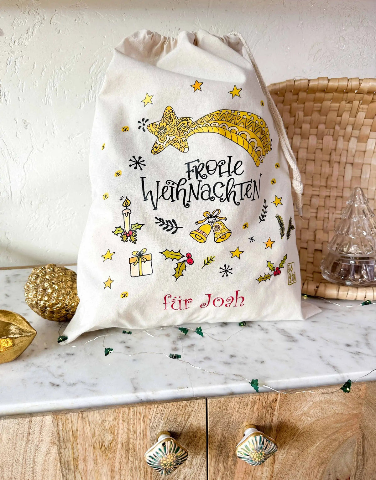 Geschenkbeutel mit Zugband "Frohe Weihnachten" mit Wunschname