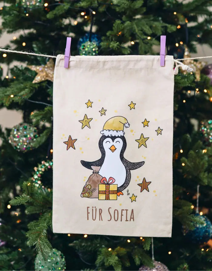 Geschenkbeutel mit Zugband "Pinguin" mit Wunschname