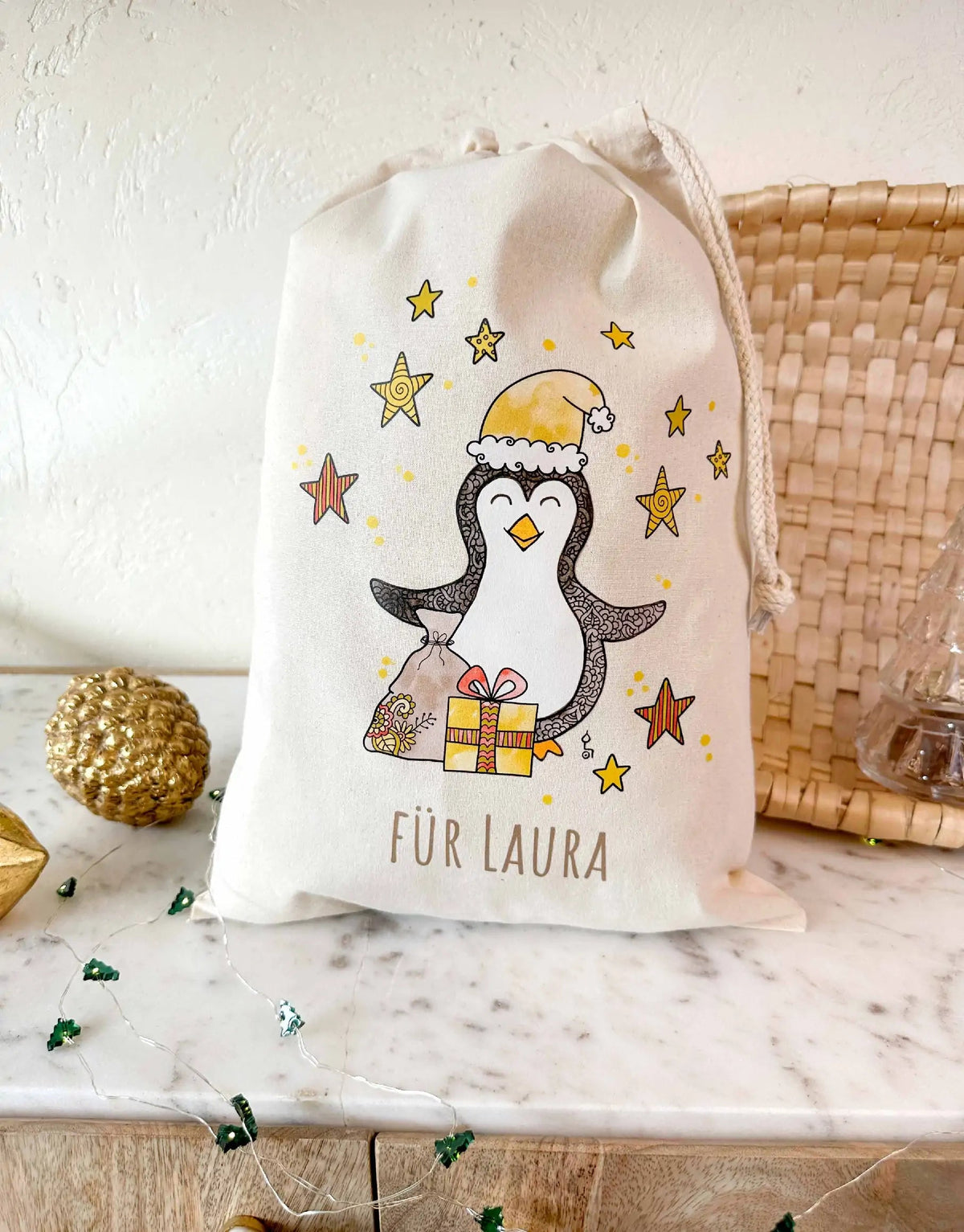 Geschenkbeutel mit Zugband "Pinguin" mit Wunschname