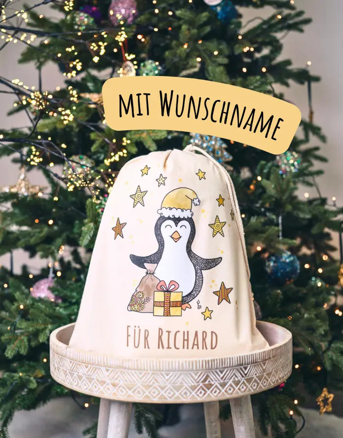 Geschenkbeutel mit Zugband "Pinguin" mit Wunschname
