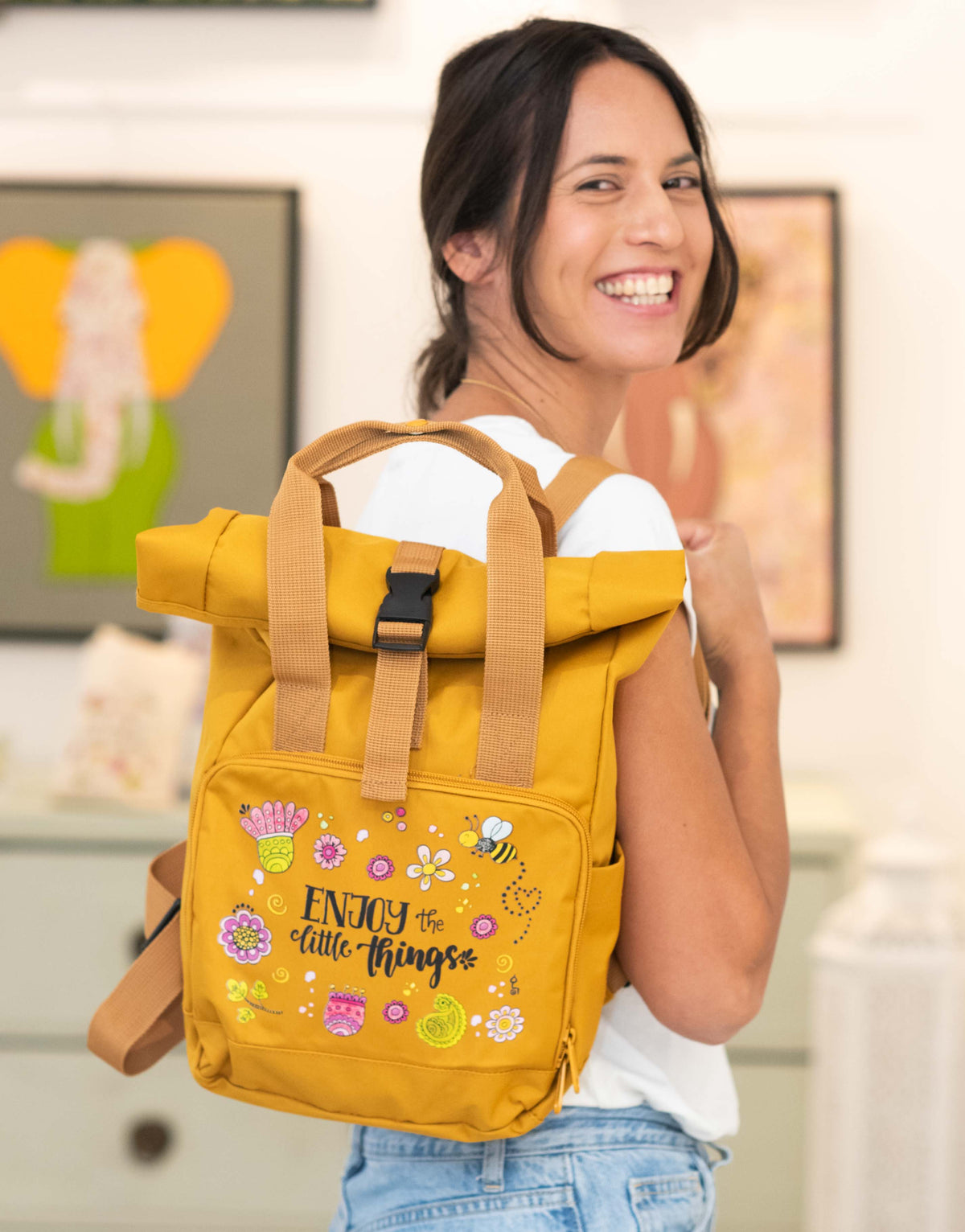 Rucksack klein Mustard „Enjoy the little things”