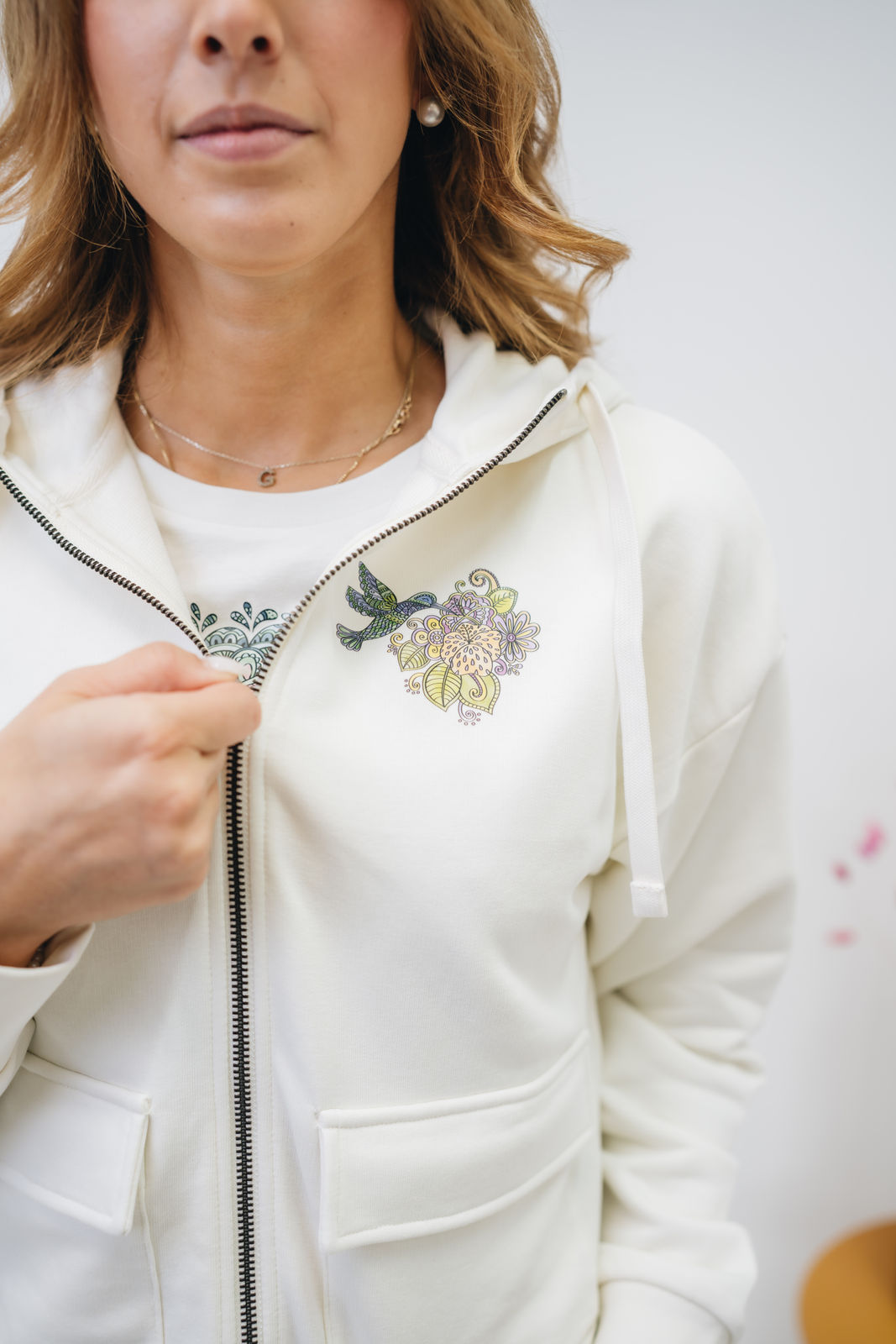 Damen Zipper-Hoodie ivory „Kolibri"