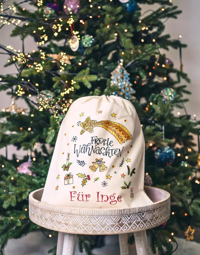 Geschenkbeutel mit Zugband "Frohe Weihnachten" mit Wunschname