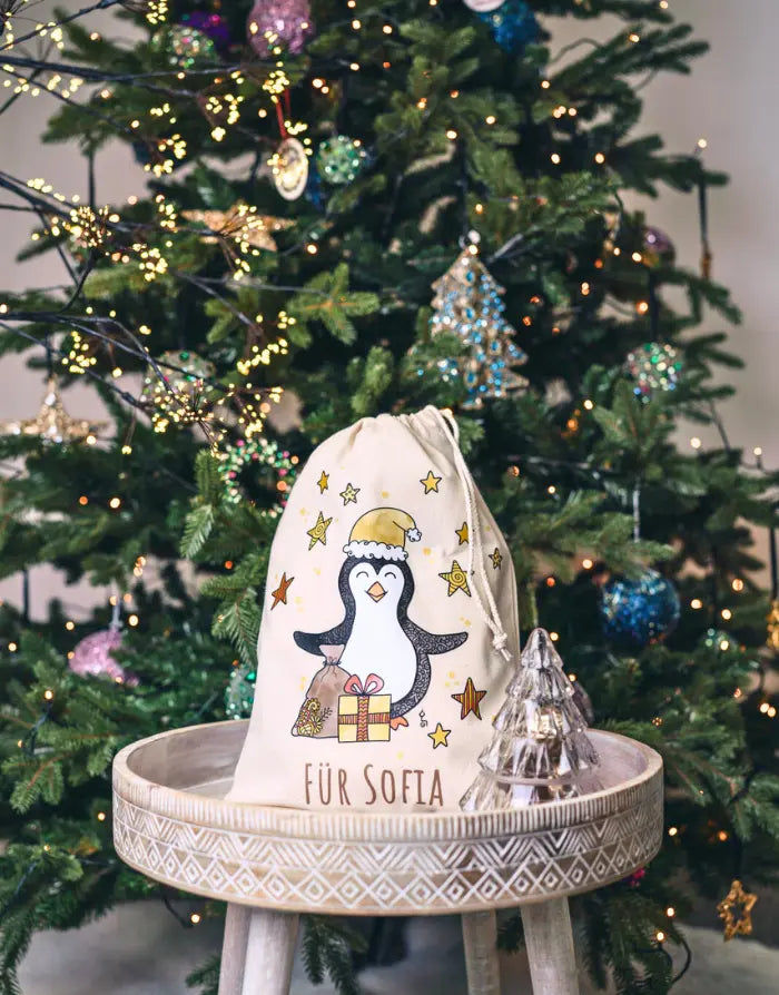 Geschenkbeutel mit Zugband "Pinguin" mit Wunschname