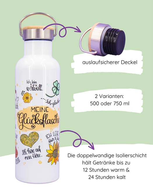 Thermosflasche Bambusdeckel "Meine Glücksflasche"